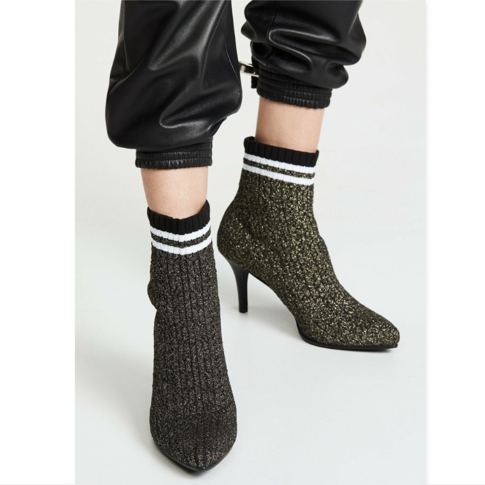 New STUART WEITZMAN Shimmer Black/Gold Knit Sock Bootie Heels 9